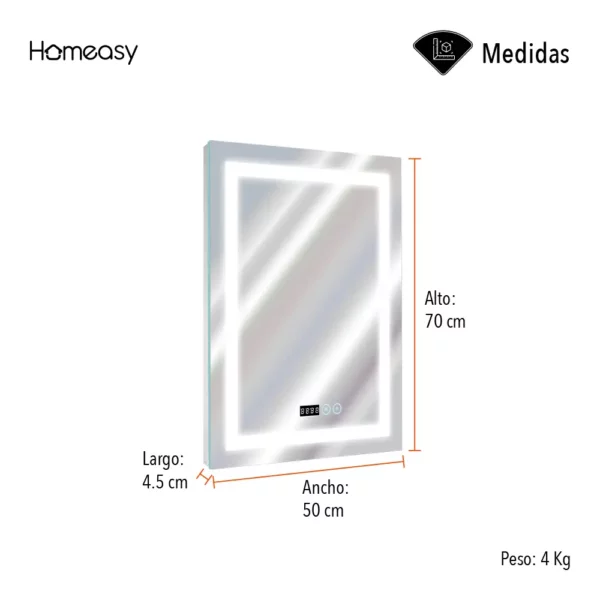 Espejo Rectangular LED Inteligente de 50x70 cm Marco Gris - Image 6