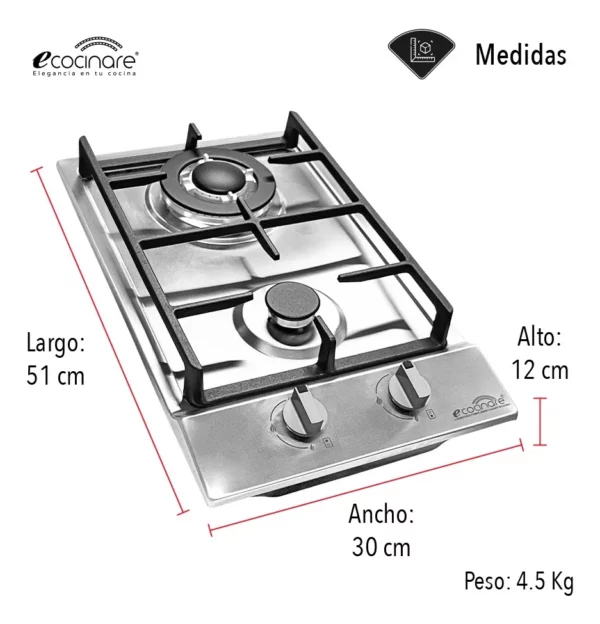 Parrilla De Gas De 2 Quemadores De Acero Inoxidable Ecocinare - Image 6
